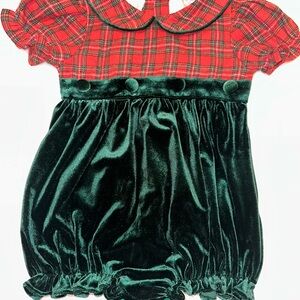 Smocking Place Baby Size 9M Festive Plaid and Velvet Christmas Bubble Worn Once